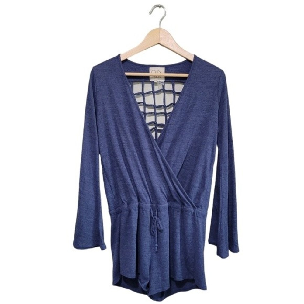 Chaser Knot Back Bell Faux Wrap Long Sleeve Romper in Scuba